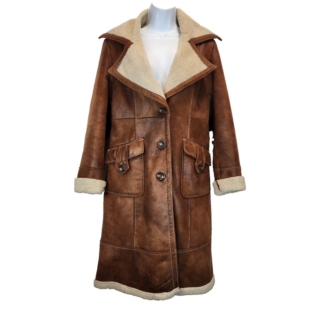 Guess Women's Size M Faux Shearling Coat Brown Sherpa Penny Lane 70s Western Y2K